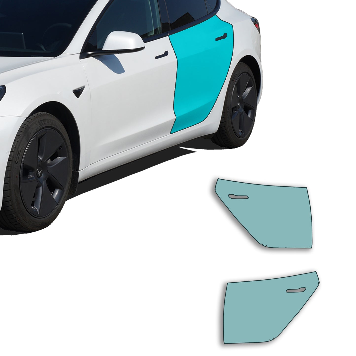 Skærekonturer for dørfilmene til de to bagdøre på Model 3