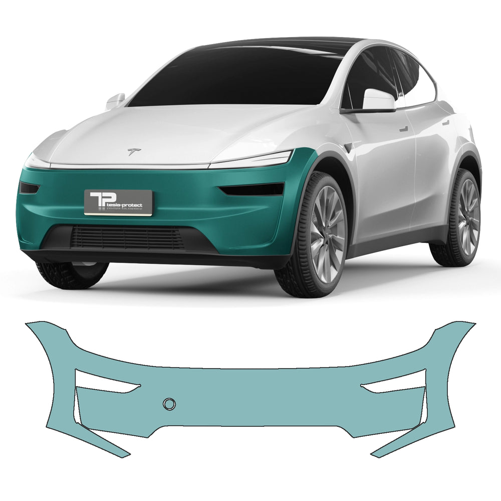 Tesla Model Y „Juniper“ med markeret kofanger og tilhørende skærekontur