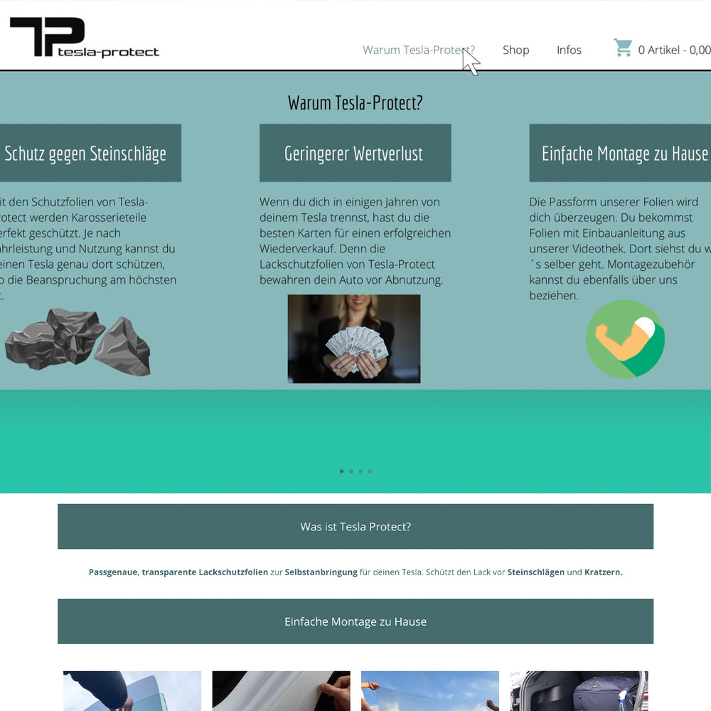 Skærmbillede af den første version af webshoppen tesla-protect.at